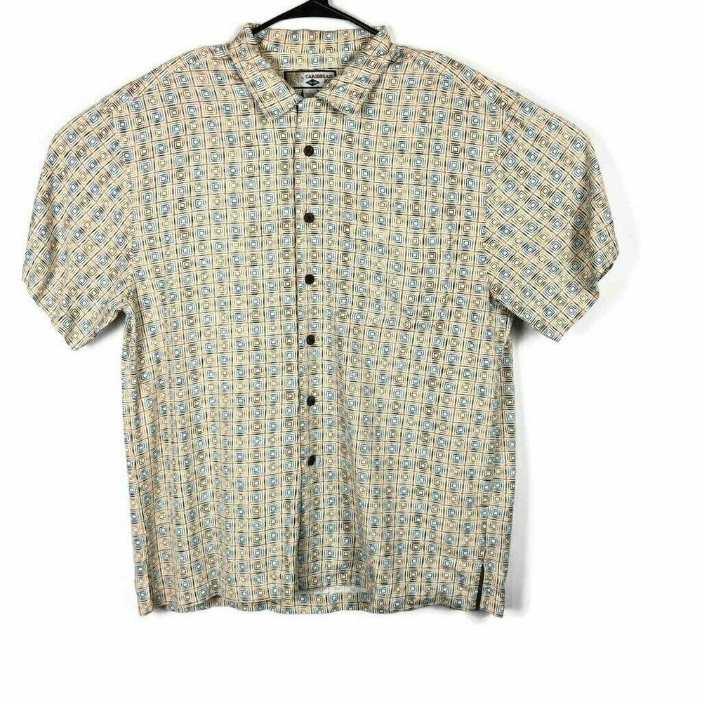 Caribbean Joe Mens Size Large Camp Shirt Blue Yellow Geometric Print